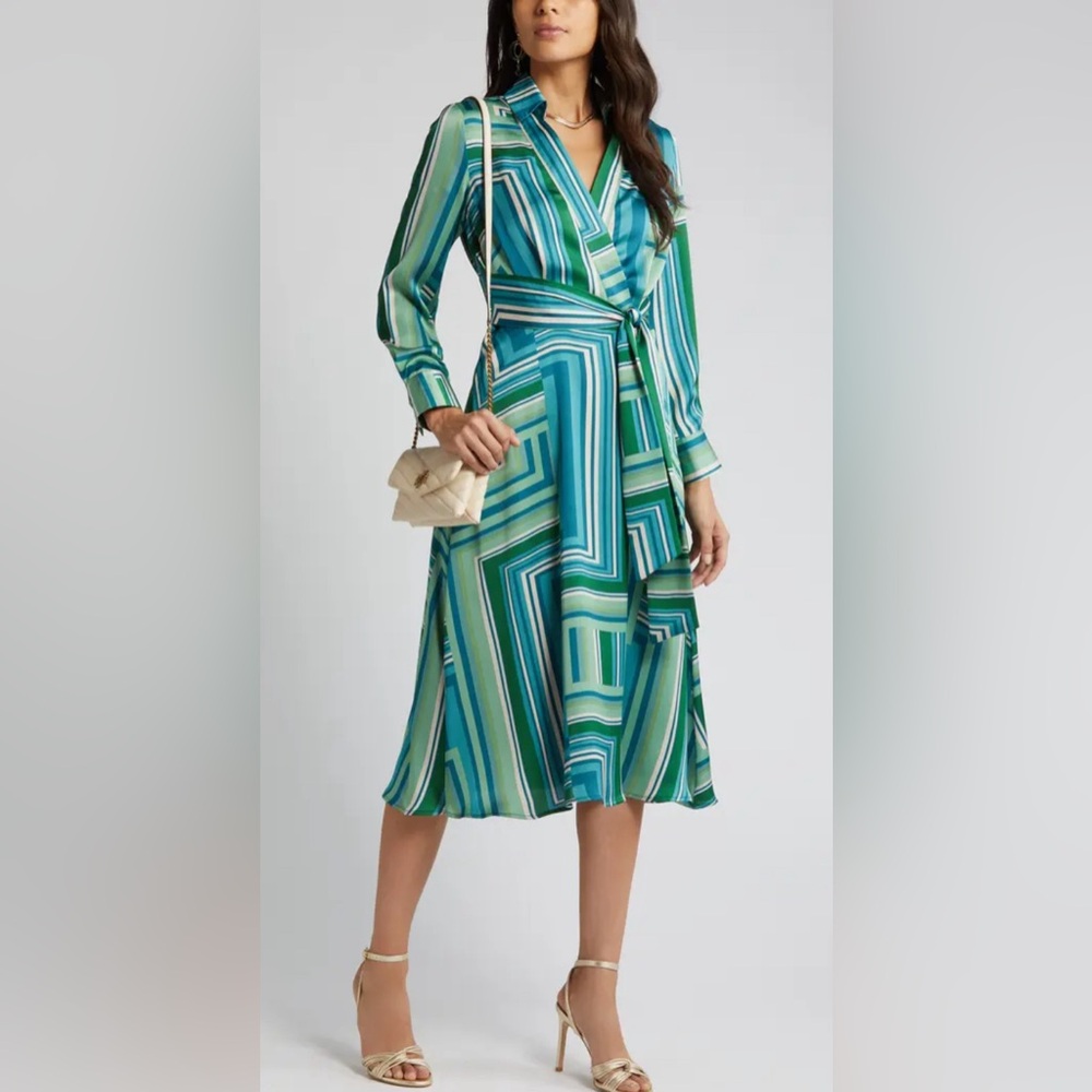 Tahari ASL Abstract Print Long Sleeve Satin Midi Dress size 8, NWT - Picture 11 of 15